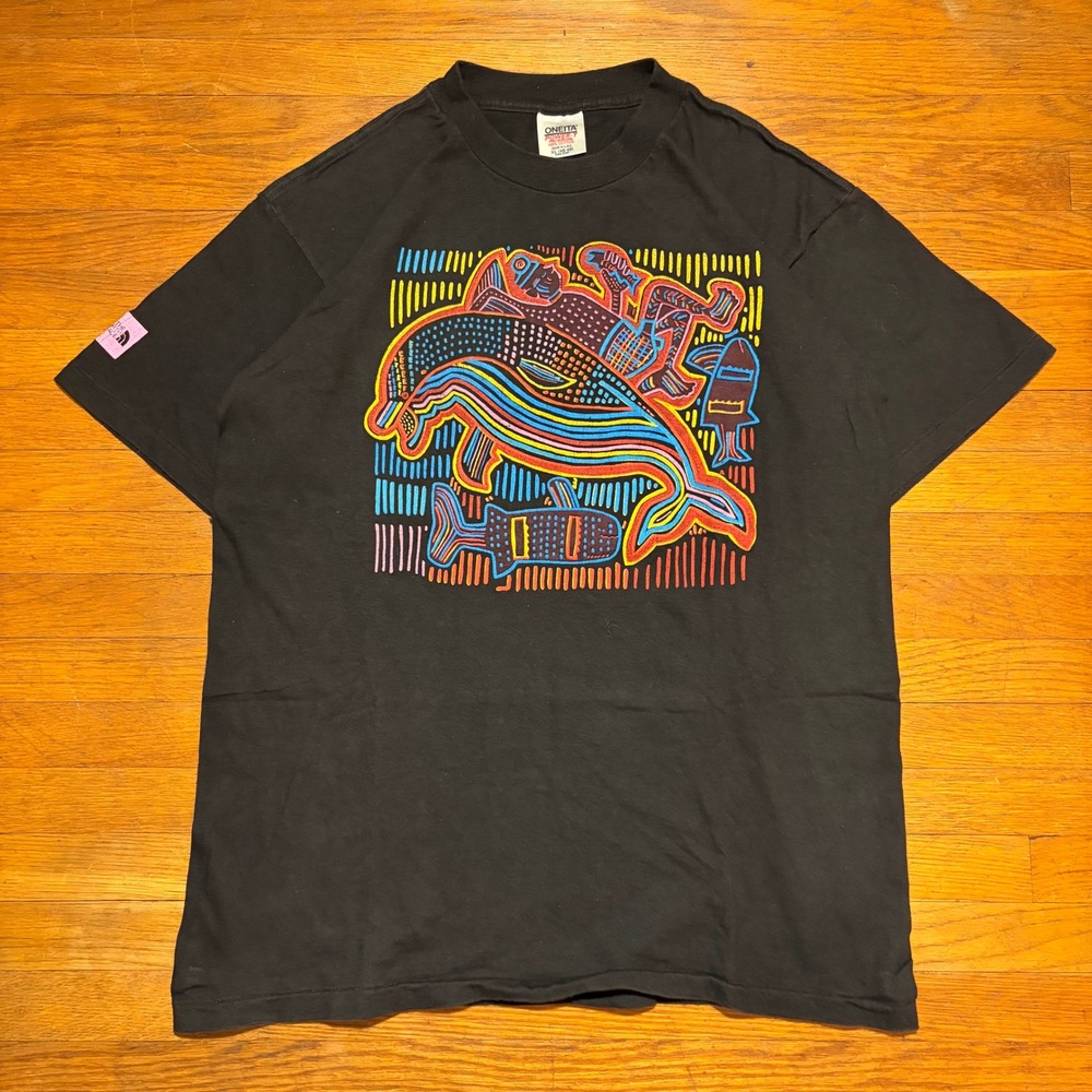 Vintage 90s The North Face Folk Art Dolphin Graphic Shirt Mens XL Black